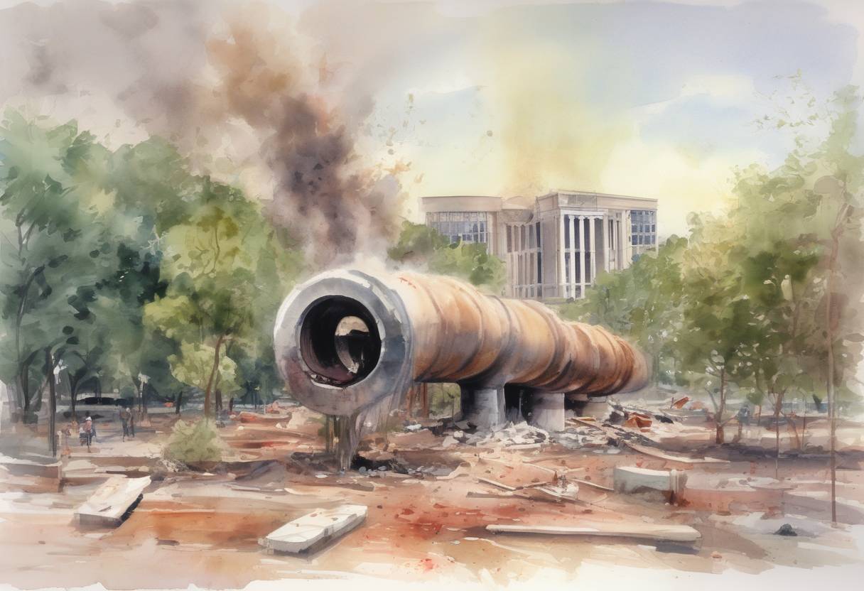 Watercolor painting based depiction of A pipe bomb exploded at Centennial Olympic Park in Atlanta during the Summer Olympics, killing two and injuring over 100 people. (1996)