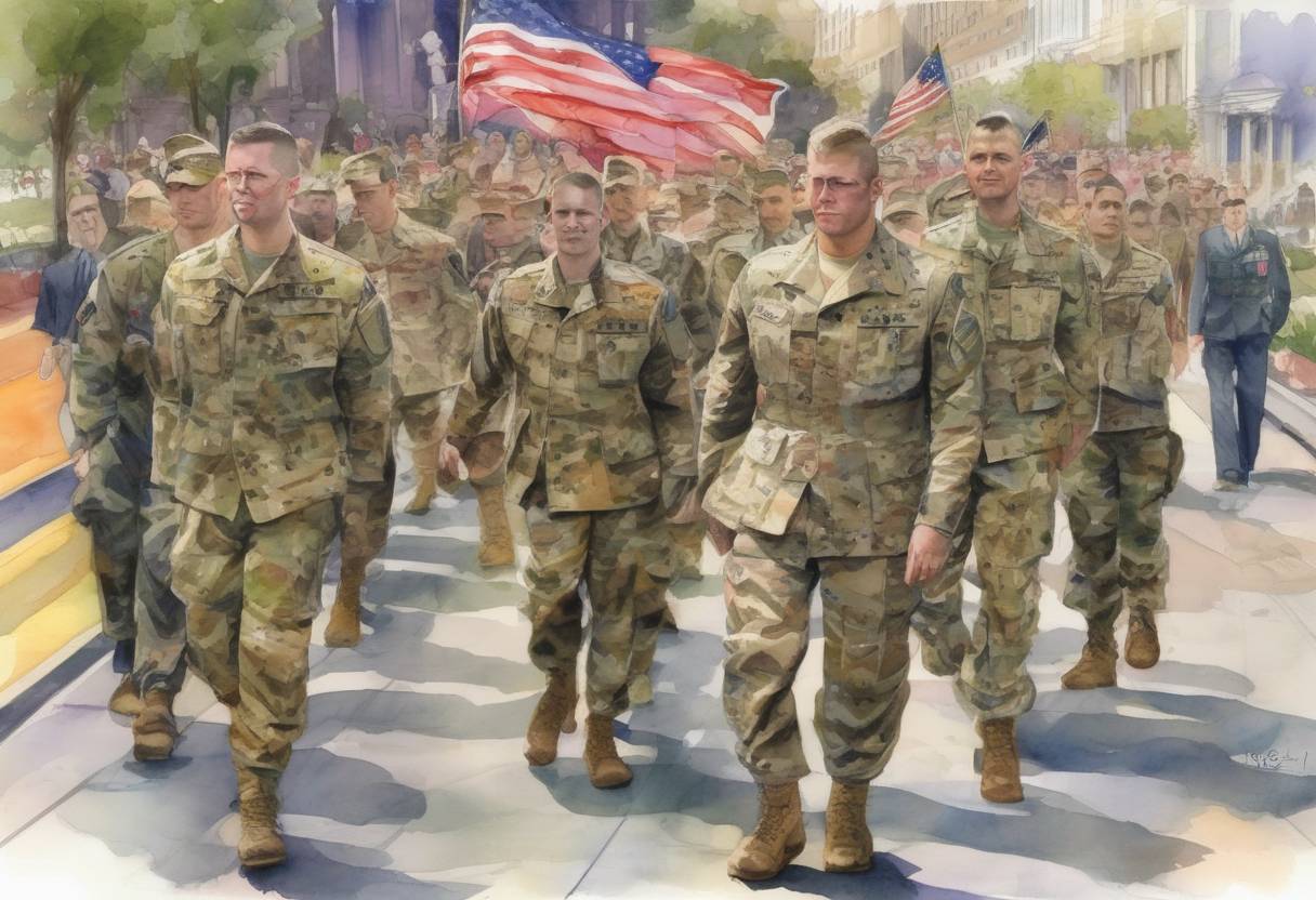 Watercolor painting based depiction of The United States military policy known as 'Don't Ask, Don't Tell,' which barred openly gay, lesbian, or bisexual persons from military service, was officially repealed, allowing them to serve openly. (2011)
