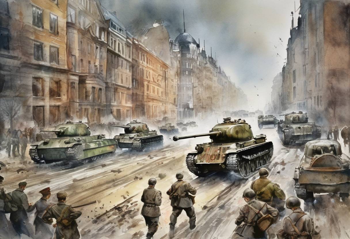 Watercolor painting based depiction of The Battle of Berlin began as Soviet forces launched their final offensive of World War II in Europe. (1945)