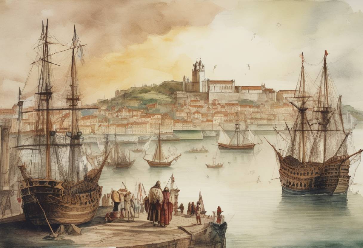 Watercolor painting based depiction of Christopher Columbus returned to Lisbon, Portugal, after his first voyage to the Americas. (1493)
