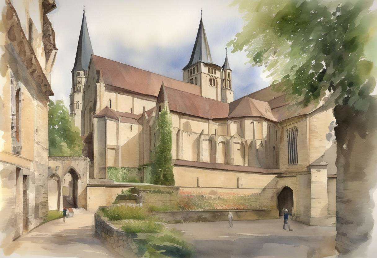 Watercolor painting based depiction of The Abbey of Cluny was founded in Burgundy, France, which would become a major center of the Benedictine monastic reform movement. (910)