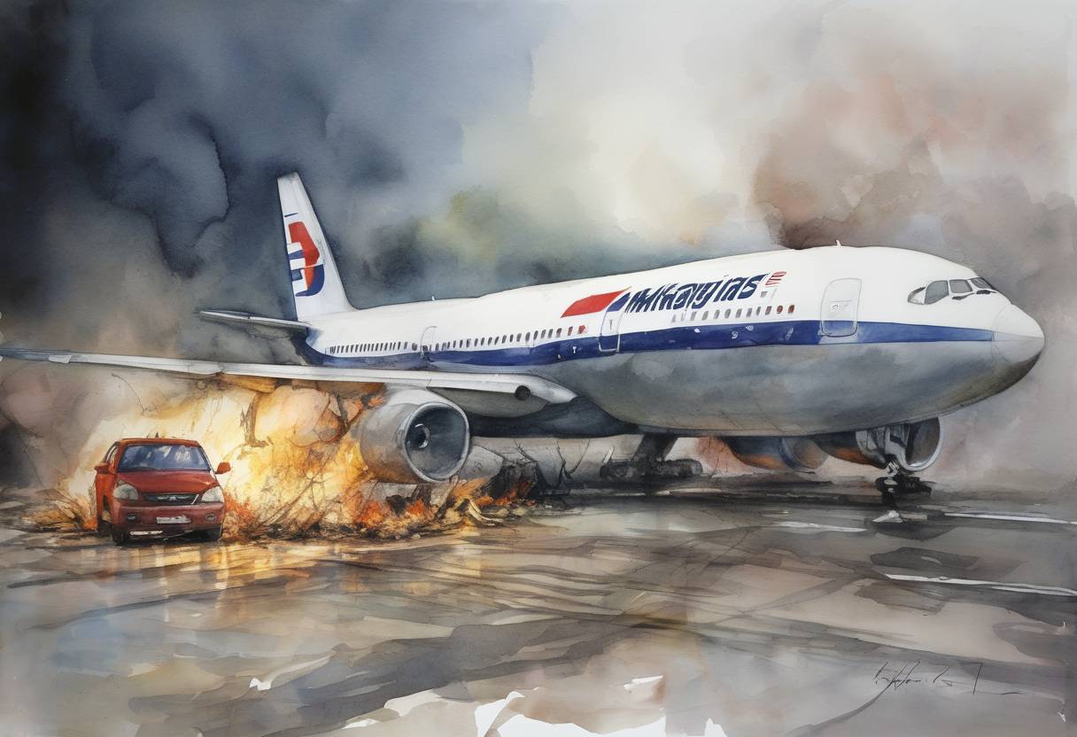 Watercolor painting based depiction of The Malaysia Airlines Flight 2133 crash occurred when the aircraft overshot the runway at Kota Kinabalu International Airport, resulting in 16 fatalities. (2003)