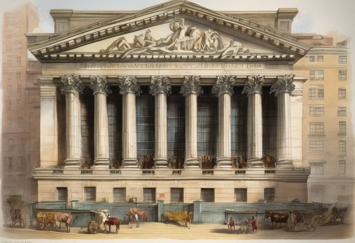 Watercolor painting based depiction of The New York Stock Exchange was founded, establishing a formalized system for trading stocks and securities. (1817)