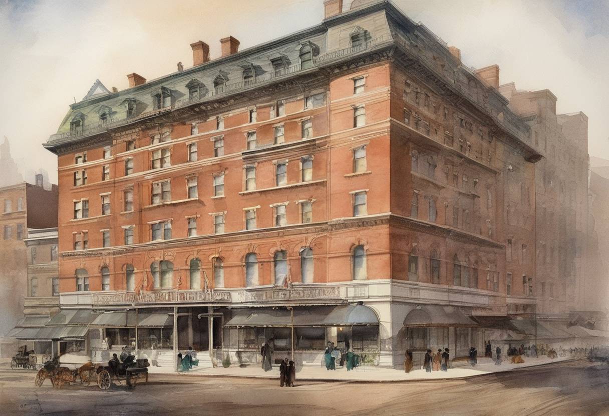 Watercolor painting based depiction of The Martha Washington Hotel, the first hotel exclusively for women, opens in New York City. (1903)