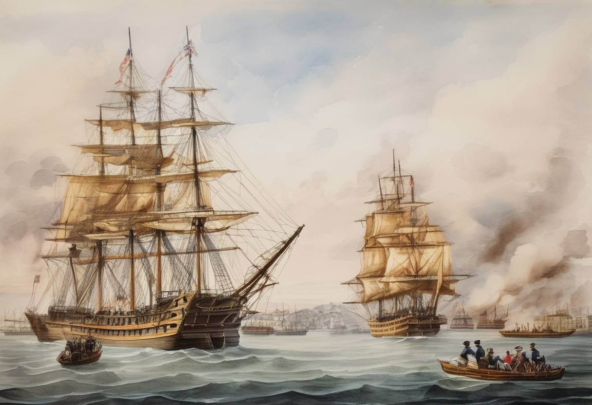 Watercolor painting based depiction of The Embargo Act of 1807 was passed by the United States Congress, prohibiting American ships from trading in all foreign ports. (1807)