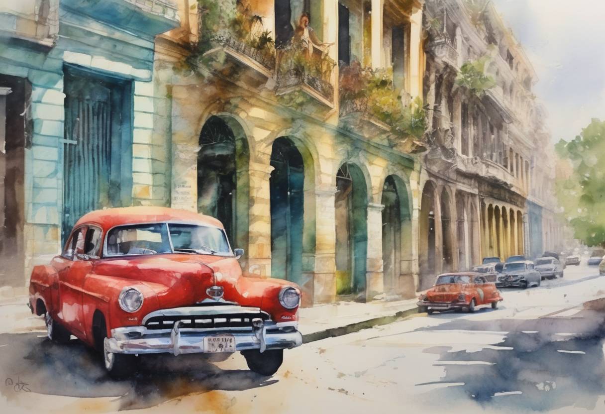 Watercolor painting based depiction of The United States and Cuba announced the beginning of the process to normalize diplomatic relations after more than 50 years of hostility. (2014)