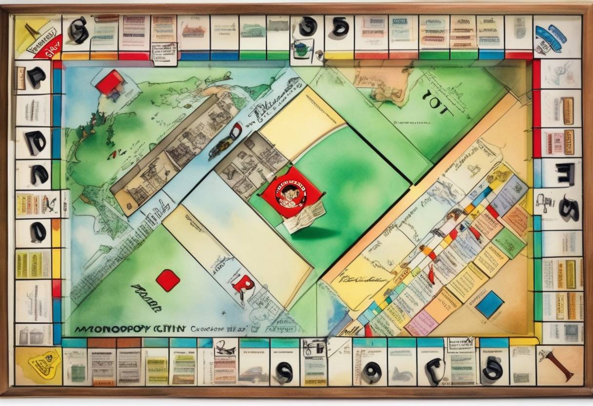Watercolor painting based depiction of Parker Brothers launched the board game Monopoly, which became one of the world's most popular board games. (1935)