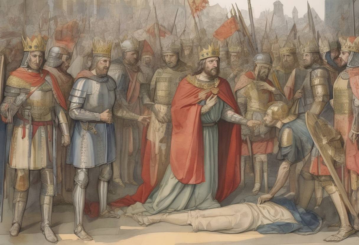 Watercolor painting based depiction of The deposition of Charles the Fat, the last Carolingian emperor to rule over a united Carolingian Empire. His removal marked the fragmentation of the empire into separate kingdoms. (887)
