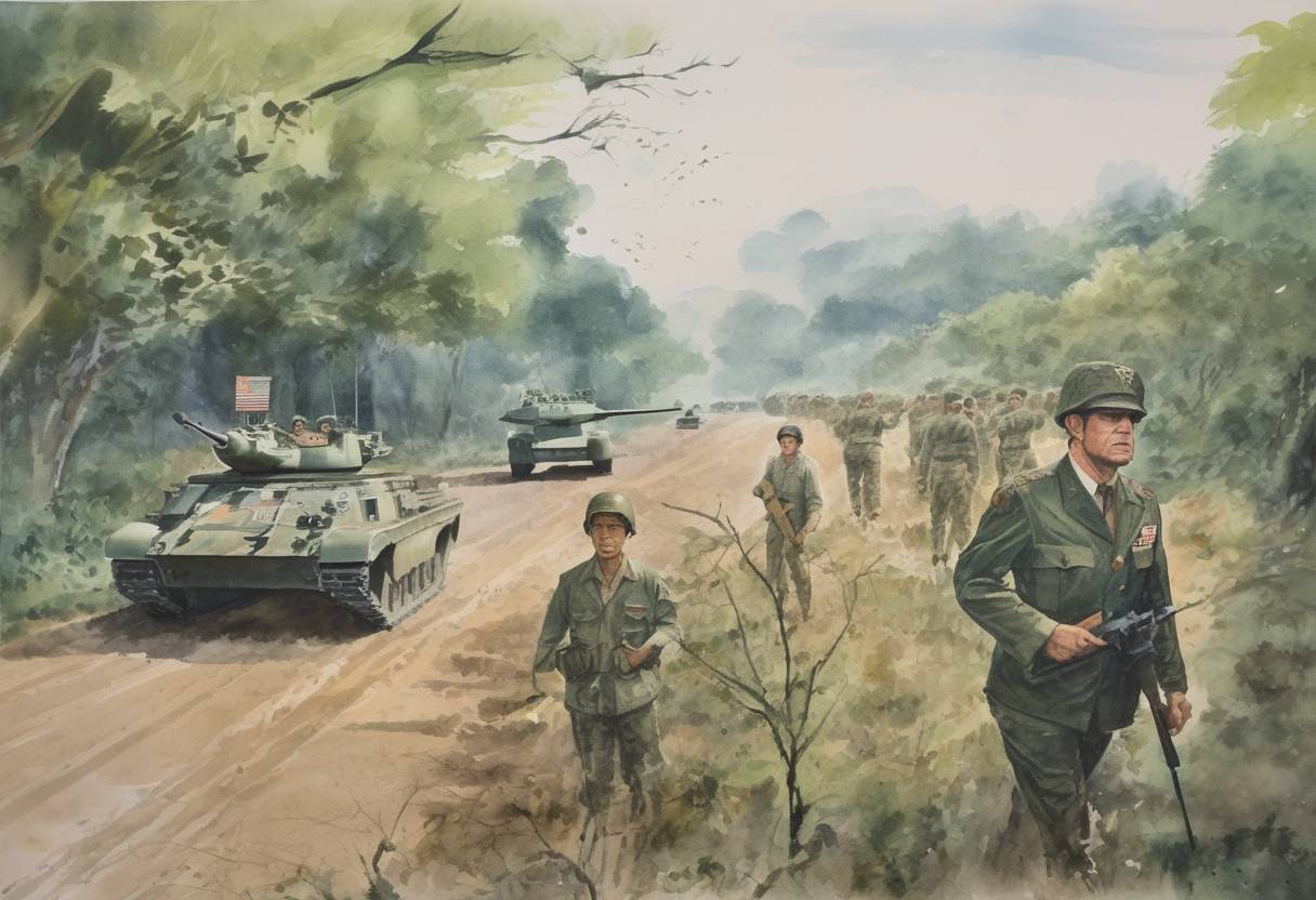 Watercolor painting based depiction of President Richard Nixon announced the suspension of offensive action in North Vietnam, a step towards ending U.S. involvement in the Vietnam War. (1973)