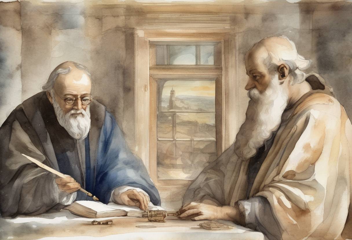 Watercolor painting based depiction of Galileo Galilei, the renowned Italian astronomer, physicist, and engineer, died in Arcetri, near Florence, Italy. He is known for his contributions to modern science, including improvements to the telescope and consequent astronomical observations. (1642)