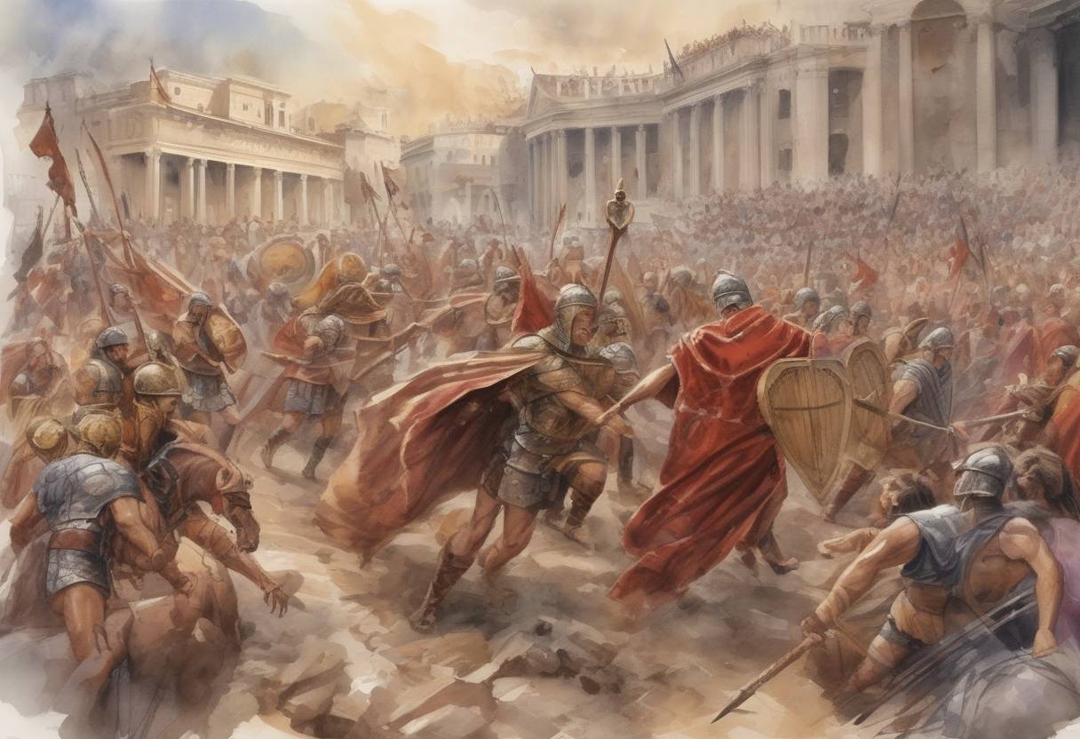 Watercolor painting based depiction of The Visigoths, led by King Alaric I, complete their sack of Rome, marking a significant event in the decline of the Western Roman Empire. (410)