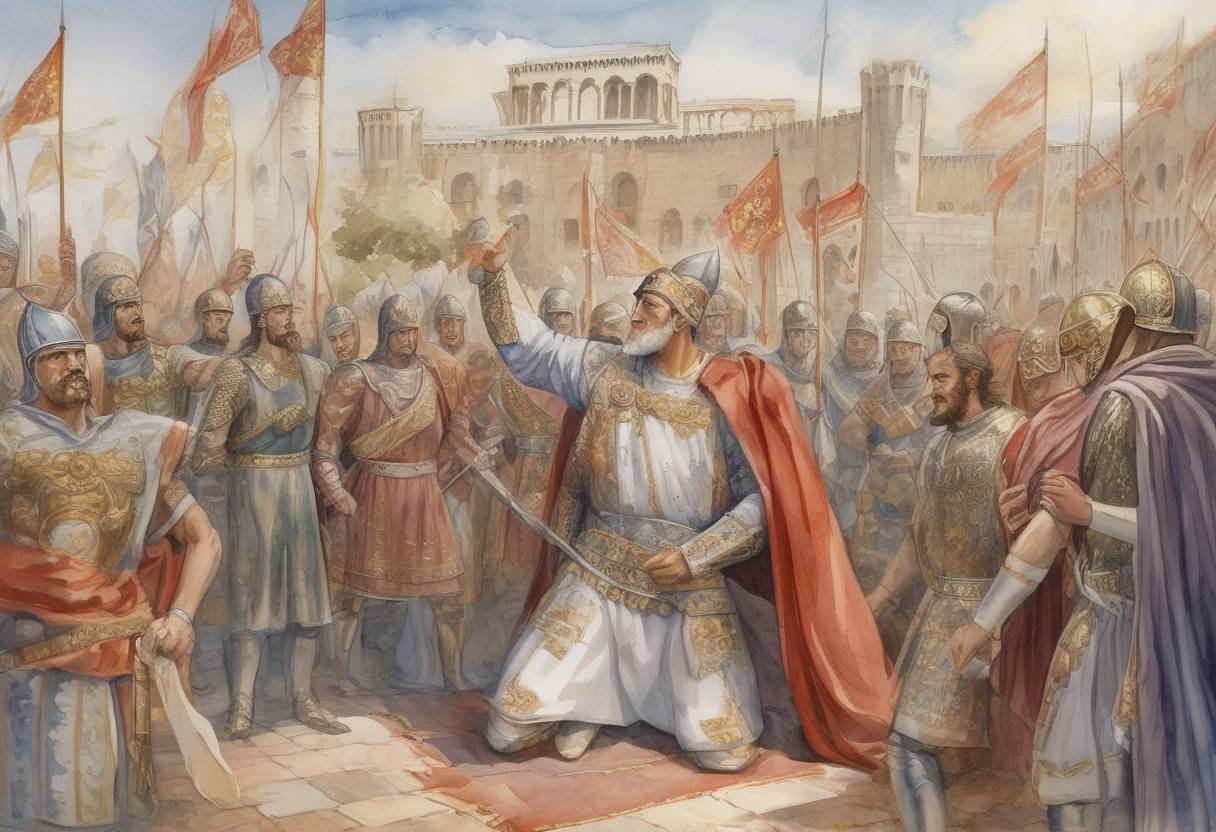 Watercolor painting based depiction of The Byzantine Emperor Constantine V celebrates a triumph in Constantinople after his successful campaigns against the Bulgars. (766)