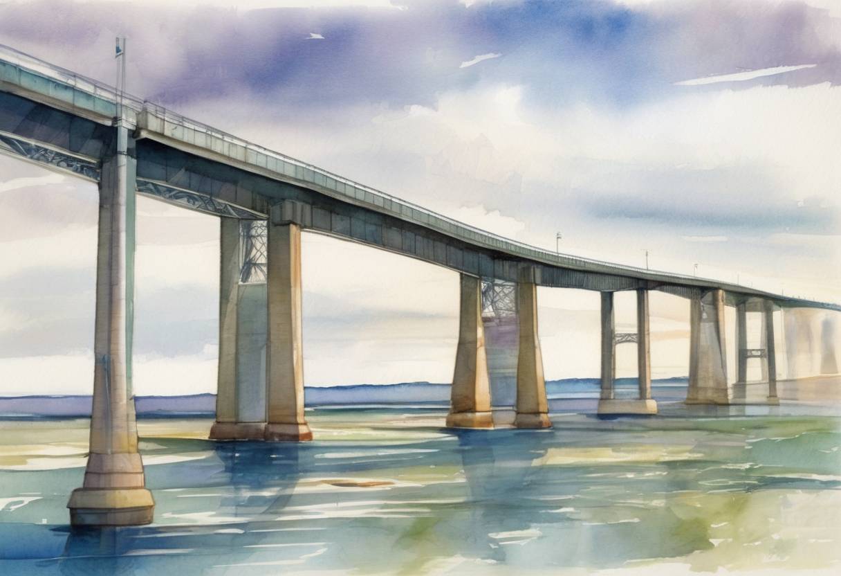 Watercolor painting based depiction of The Confederation Bridge, the longest bridge in Canada, was officially opened, connecting Prince Edward Island to the mainland of New Brunswick. (1997)