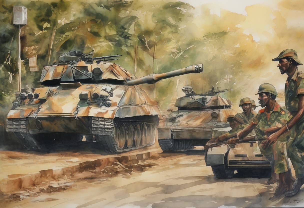 Watercolor painting based depiction of The Sri Lankan Civil War officially ended after nearly 26 years of conflict. The Sri Lankan government declared victory over the Liberation Tigers of Tamil Eelam (LTTE), marking the end of one of the longest-running civil wars in Asia. (2009)