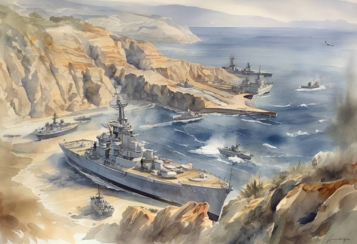 Watercolor painting based depiction of The Royal Navy engaged the Italian fleet in the Battle of Cape Spartivento during World War II, resulting in a tactical stalemate. (1940)