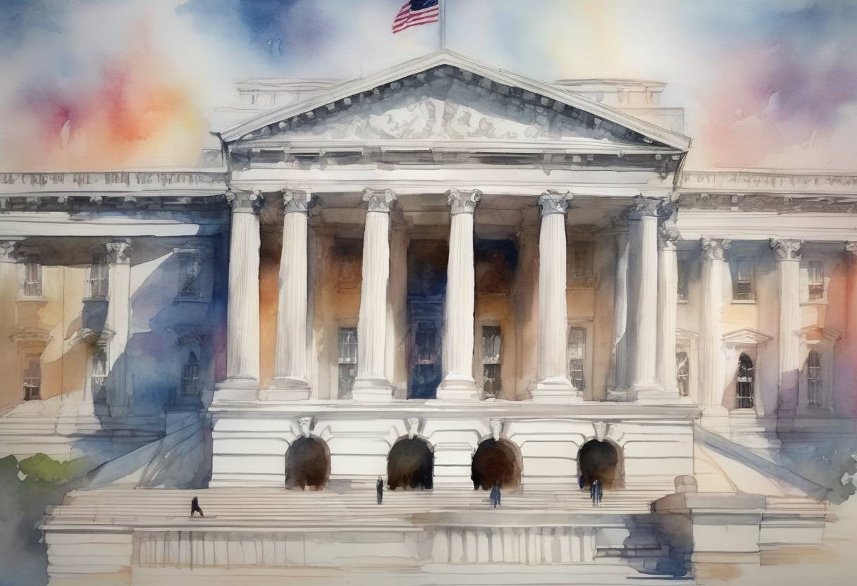 Watercolor painting based depiction of The United States Senate passed the Tax Cuts and Jobs Act, a major overhaul of the U.S. tax code, which included significant tax cuts for individuals and corporations. (2017)