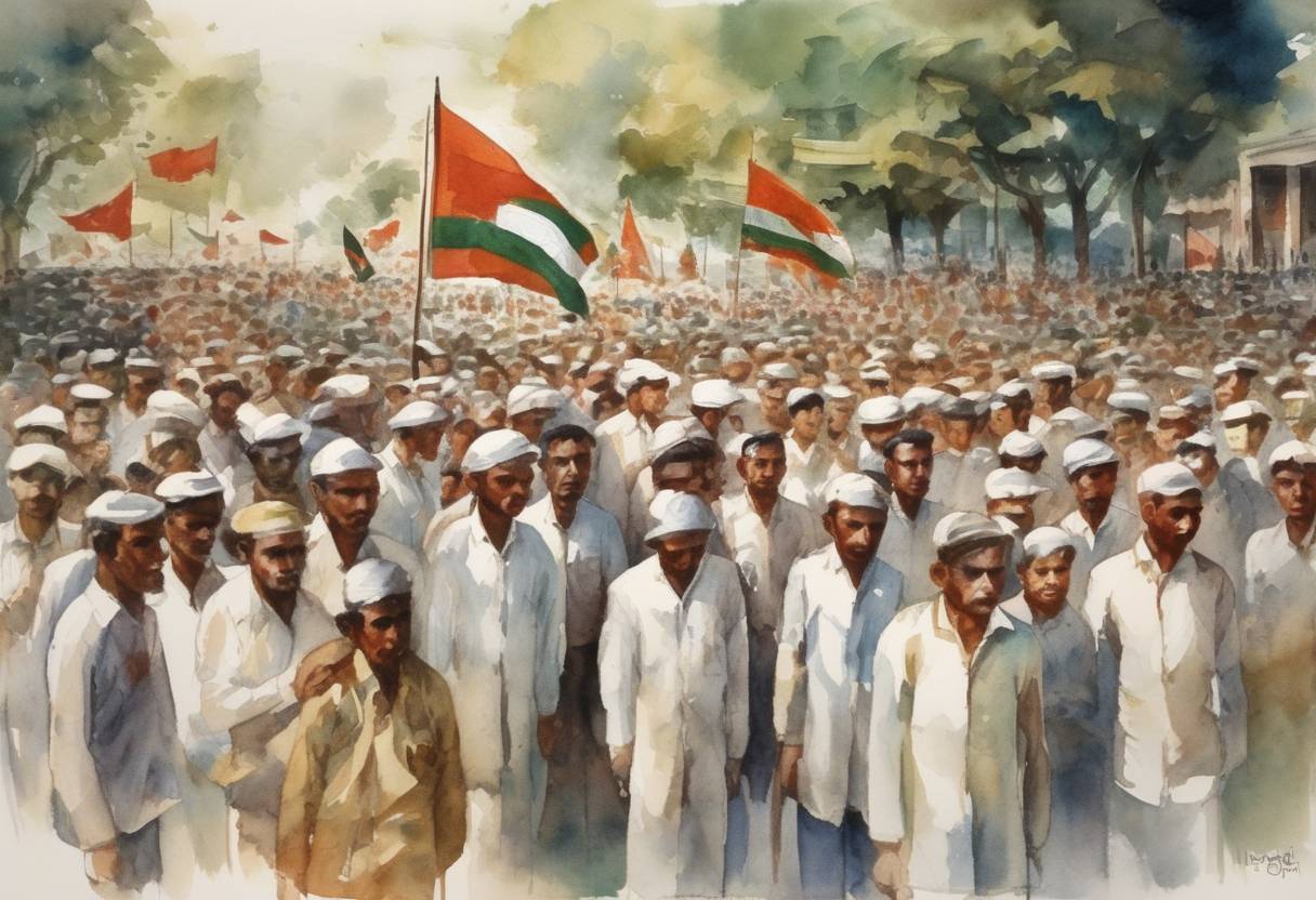 Watercolor painting based depiction of The Language Movement Day, also known as Martyrs' Day, was observed in Bangladesh to commemorate the Bengali Language Movement and the deaths of students during protests in 1952. (1952)