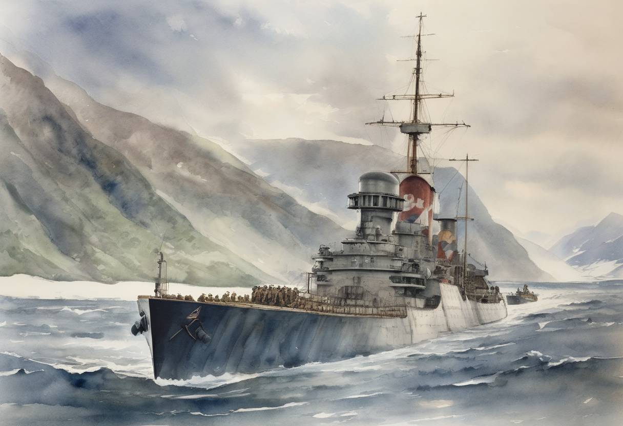 Watercolor painting based depiction of The British destroyer HMS Cossack boarded the German tanker Altmark in Norwegian waters, freeing 299 British prisoners. (1940)
