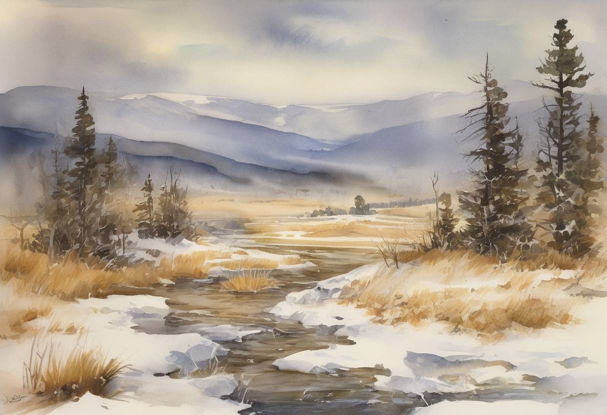 Watercolor painting based depiction of In Browning, Montana, the temperature dropped from 44°F to -56°F in 24 hours, the greatest temperature drop ever recorded in the United States. (1916)