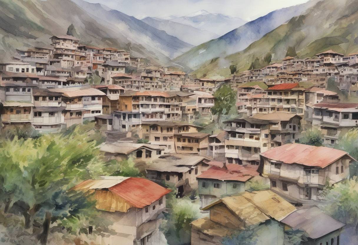 Watercolor painting based depiction of A devastating earthquake measuring 7.6 on the Richter scale strikes the Kashmir region, affecting parts of Pakistan, India, and Afghanistan, and resulting in over 86,000 deaths. (2005)