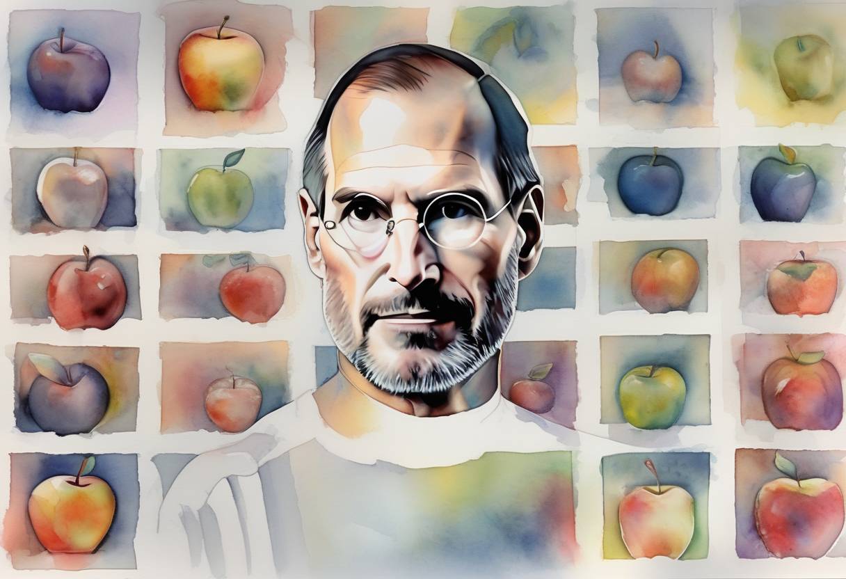 Watercolor painting based depiction of Steve Jobs, co-founder and former CEO of Apple Inc., passed away at the age of 56 due to complications related to pancreatic cancer. (2011)
