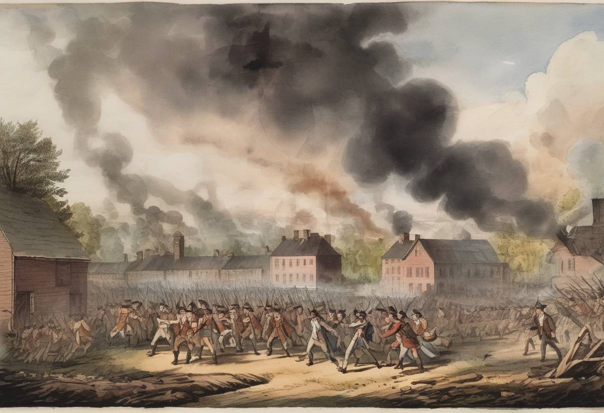 Watercolor painting based depiction of Shays' Rebellion: A force of 1,500 farmers led by Daniel Shays assaults the federal armory in Springfield, Massachusetts. (1787)