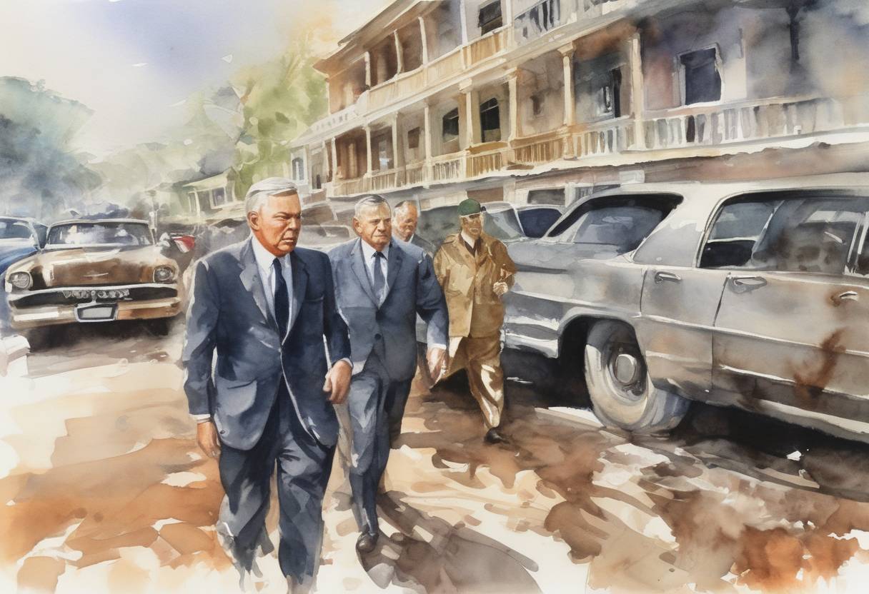 Watercolor painting based depiction of South African Prime Minister Hendrik Verwoerd, architect of apartheid, is assassinated in Cape Town. (1966)
