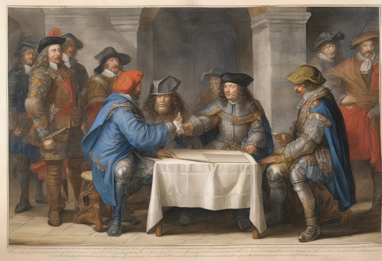 Watercolor painting based depiction of Thirty Years' War: Bavaria, Cologne, France, and Sweden sign the Truce of Ulm. (1647)
