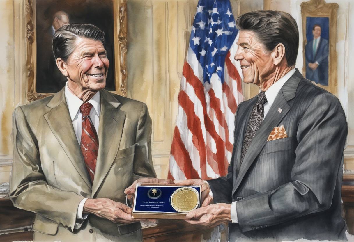 Watercolor painting based depiction of U.S. President Ronald Reagan awarded the Congressional Gold Medal to Ken Taylor, the Canadian ambassador to Iran, for his role in the Canadian Caper during the Iran hostage crisis. (1981)