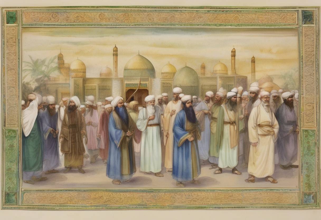 Watercolor painting based depiction of Harun al-Rashid becomes the Abbasid caliph upon the death of his brother al-Hadi. (786)