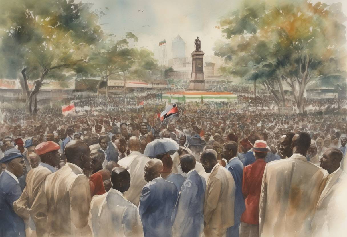 Watercolor painting based depiction of Kenya gains independence from the United Kingdom, becoming a sovereign nation with Jomo Kenyatta as its first Prime Minister. (1963)