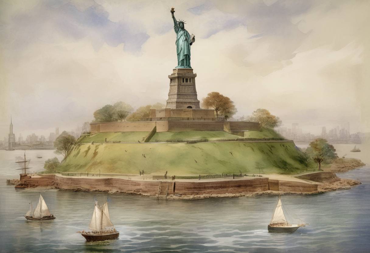Watercolor painting based depiction of The cornerstone for the Statue of Liberty was laid on Bedloe's Island (now Liberty Island) in New York Harbor. (1884)