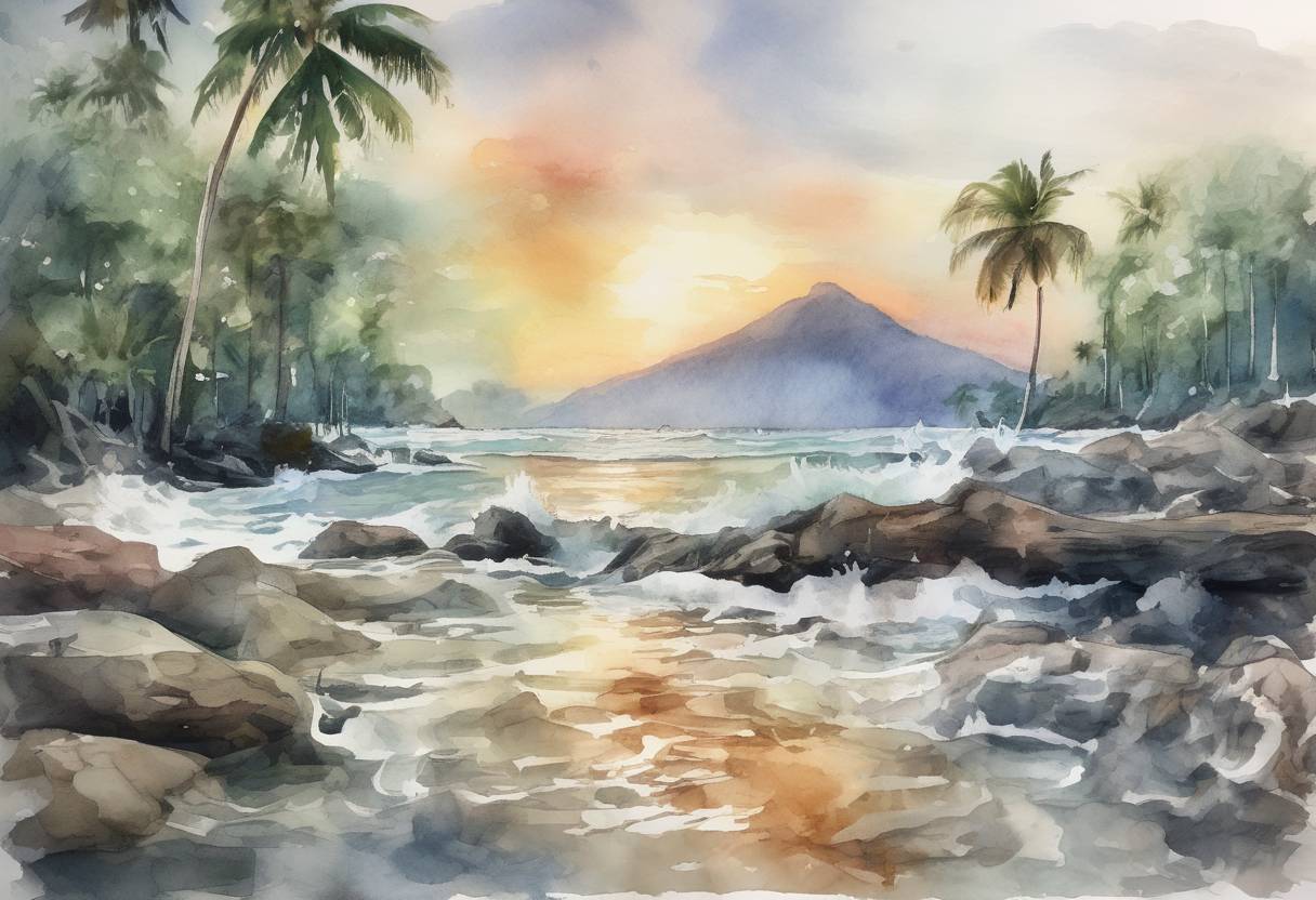 Watercolor painting based depiction of A powerful earthquake struck the Molucca Sea in Indonesia, causing significant damage and resulting in casualties. (2019)