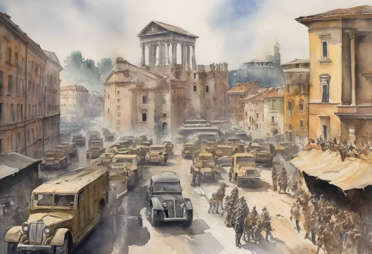 Watercolor painting based depiction of Italy declared war on Germany, its former Axis partner, during World War II, switching sides to join the Allies. (1943)