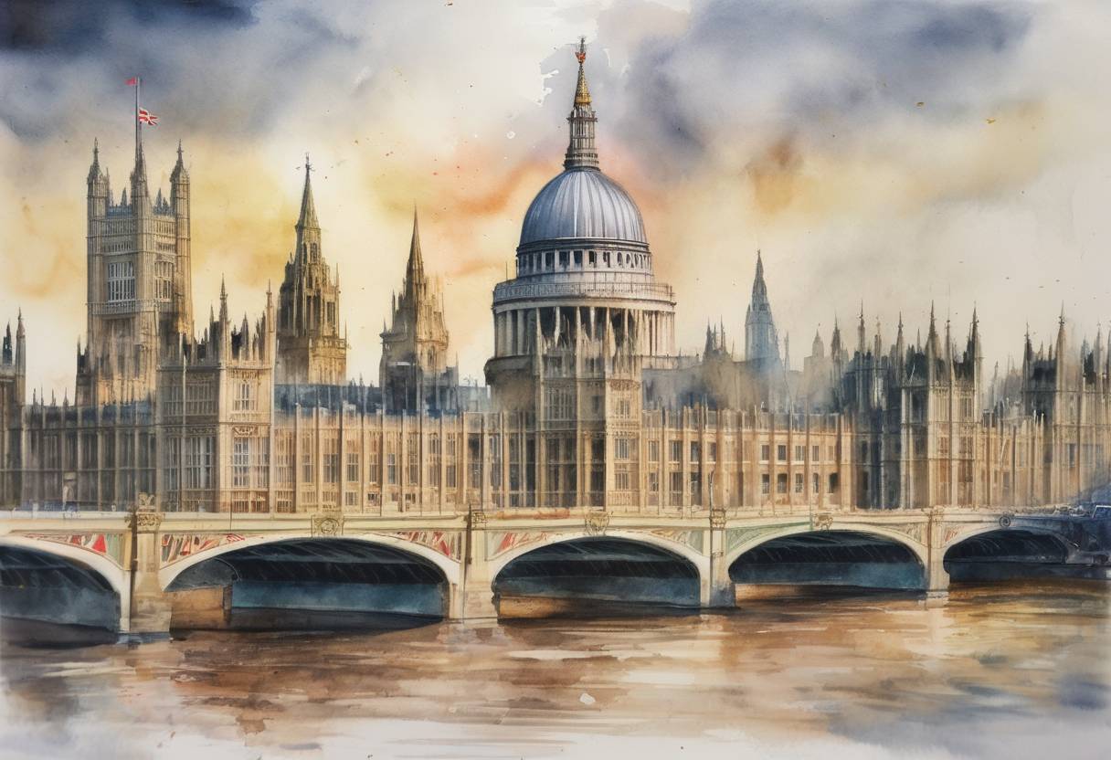 Watercolor painting based depiction of The United Kingdom Parliament voted against military intervention in Syria, marking a significant moment in the international response to the Syrian Civil War. (2013)