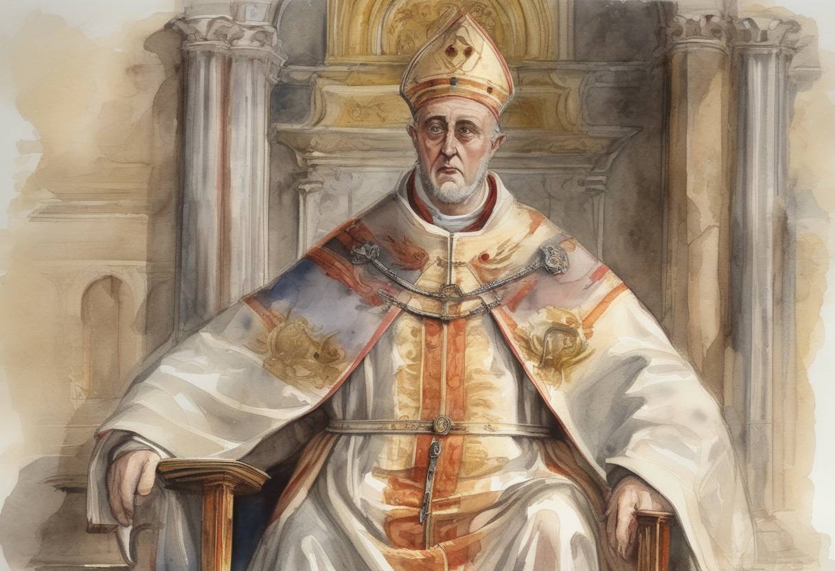 Watercolor painting based depiction of Pope Adrian IV, the only English pope in history, dies. His papacy was marked by tensions with the Holy Roman Emperor Frederick I Barbarossa. (1159)