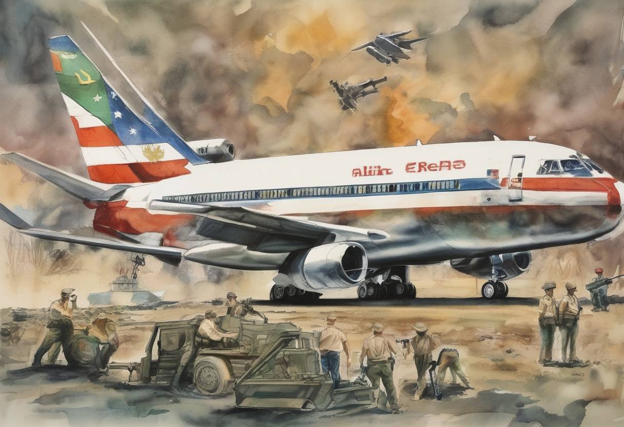 Watercolor painting based depiction of The Iran-Contra affair became public as U.S. Attorney General Edwin Meese revealed that profits from secret arms sales to Iran were diverted to fund Contra rebels in Nicaragua. (1986)