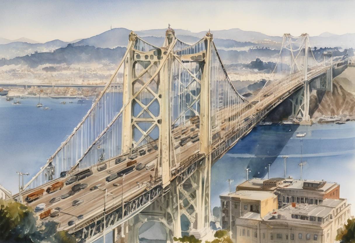 Watercolor painting based depiction of The San Francisco–Oakland Bay Bridge opened to traffic, connecting San Francisco and Oakland across San Francisco Bay. (1936)