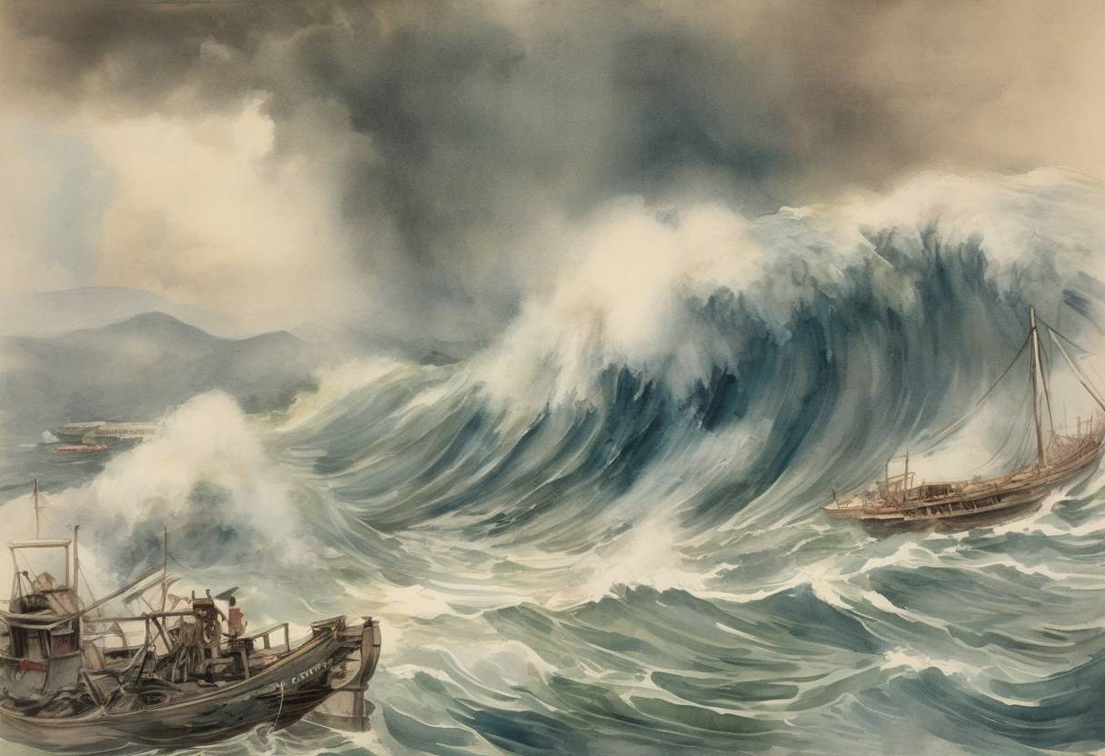 Watercolor painting based depiction of A typhoon with tsunami kills an estimated 10,000 people in Hong Kong. (1906)