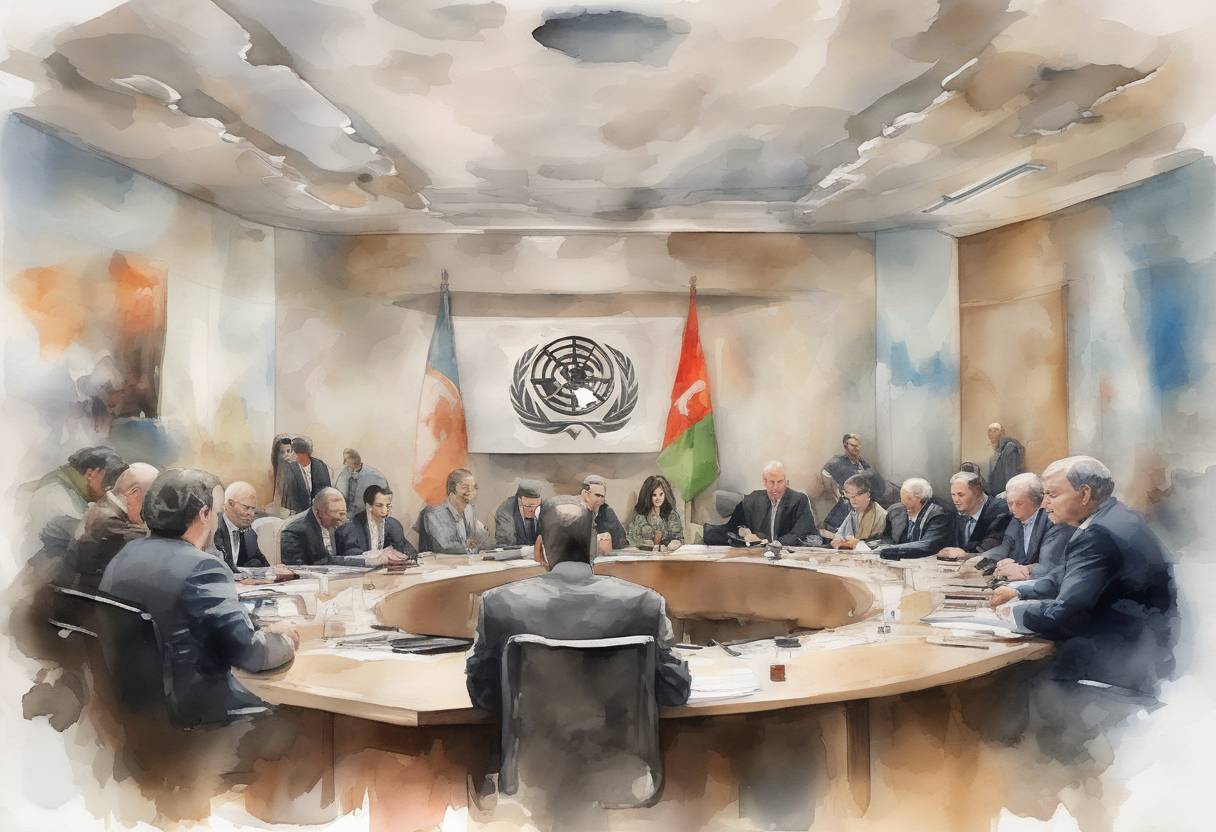 Watercolor painting based depiction of The United Nations Security Council held a meeting to discuss the humanitarian crisis in Eastern Ghouta, Syria, where intense fighting had led to severe civilian casualties and suffering. (2018)