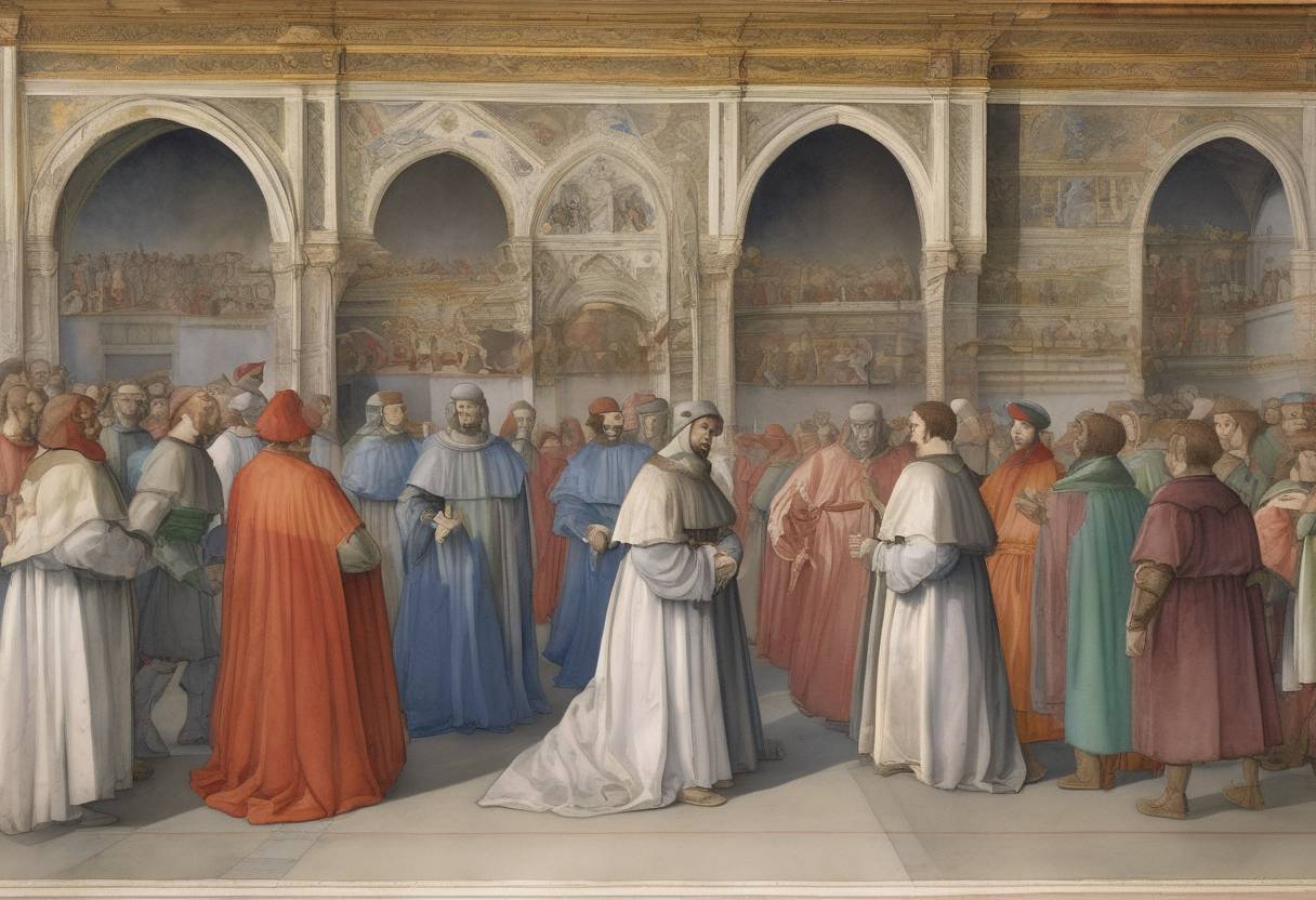 Watercolor painting based depiction of The Pazzi Conspiracy: An attempt to assassinate Lorenzo de' Medici and his brother Giuliano during Easter mass in Florence, resulting in Giuliano's death. (1478)