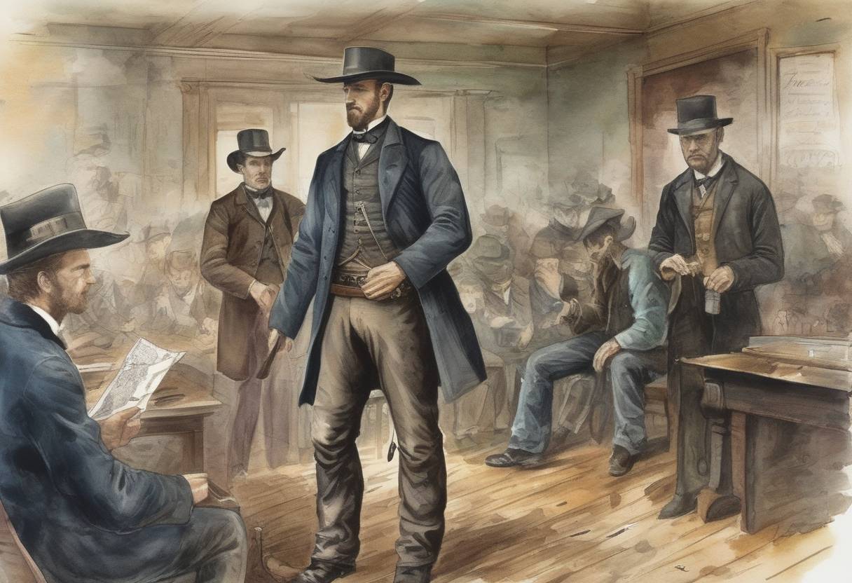 Watercolor painting based depiction of American outlaw Jesse James commits his first confirmed bank robbery in Gallatin, Missouri. (1869)