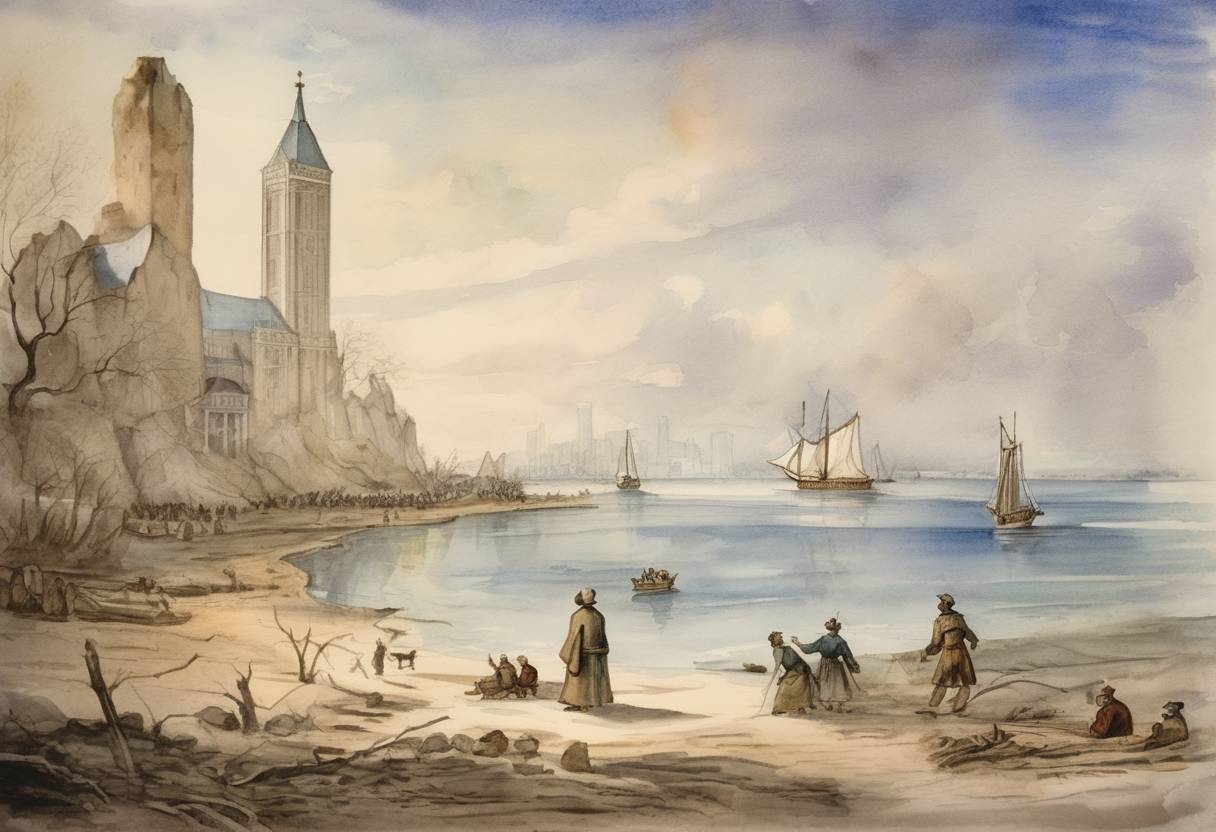Watercolor painting based depiction of Father Jacques Marquette founds a mission on the shores of Lake Michigan, which later becomes the city of Chicago. (1674)