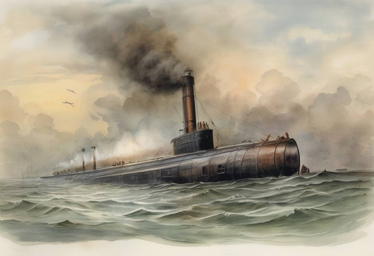 Watercolor painting based depiction of The H. L. Hunley, a Confederate submarine, sinks during a test run, killing its inventor, Horace Lawson Hunley, and seven other crew members. (1863)