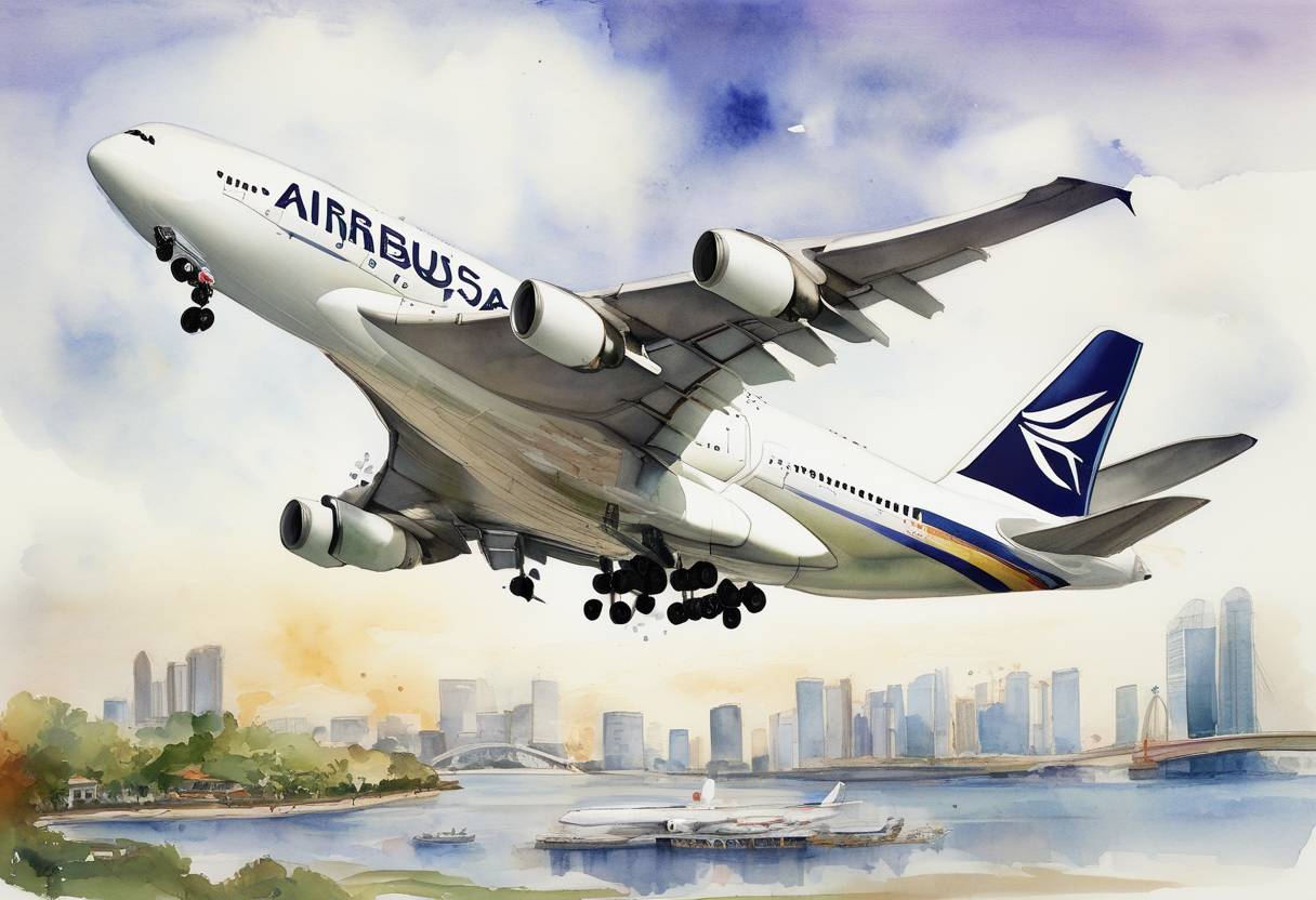 Watercolor painting based depiction of The Airbus A380, the world's largest passenger airliner, made its first commercial flight from Singapore to Sydney. (2007)