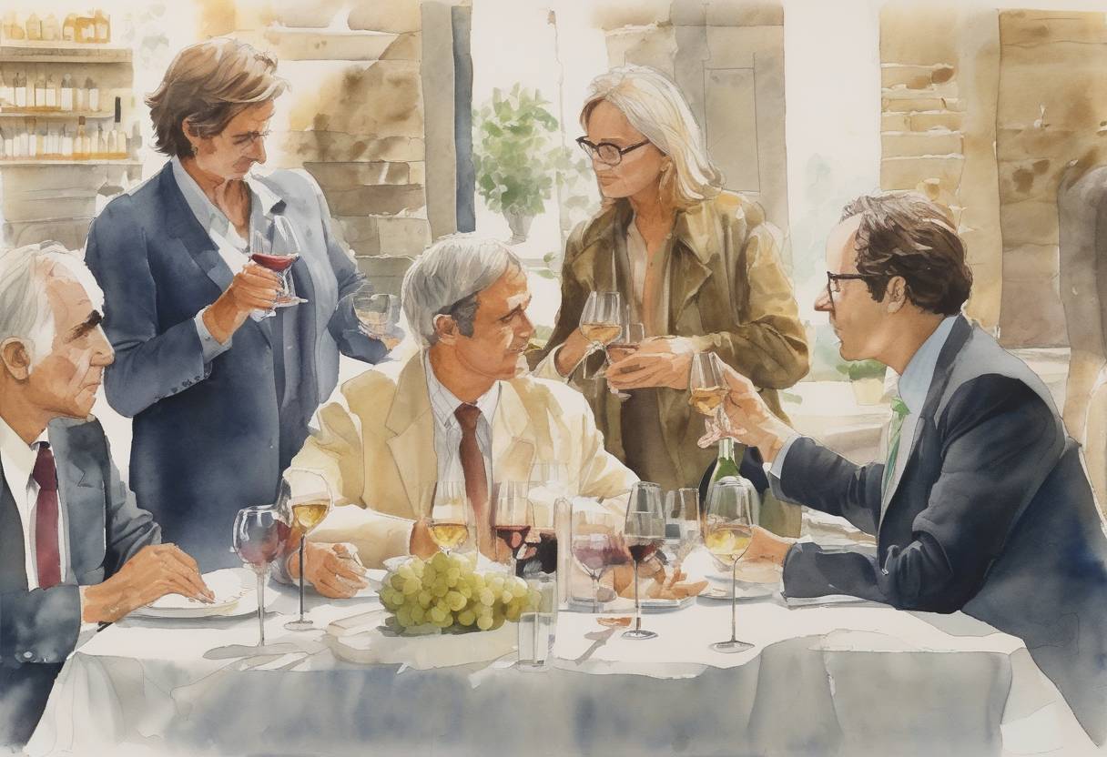 Watercolor painting based depiction of The Judgement of Paris wine tasting takes place, where French judges conduct a blind tasting of top-quality wines from France and California, leading to a surprise victory for the American wines. (1976)