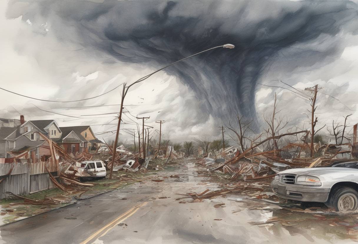Watercolor painting based depiction of A devastating EF5 tornado strikes Joplin, Missouri, causing widespread destruction and resulting in 158 fatalities, making it one of the deadliest tornadoes in U.S. history. (2011)