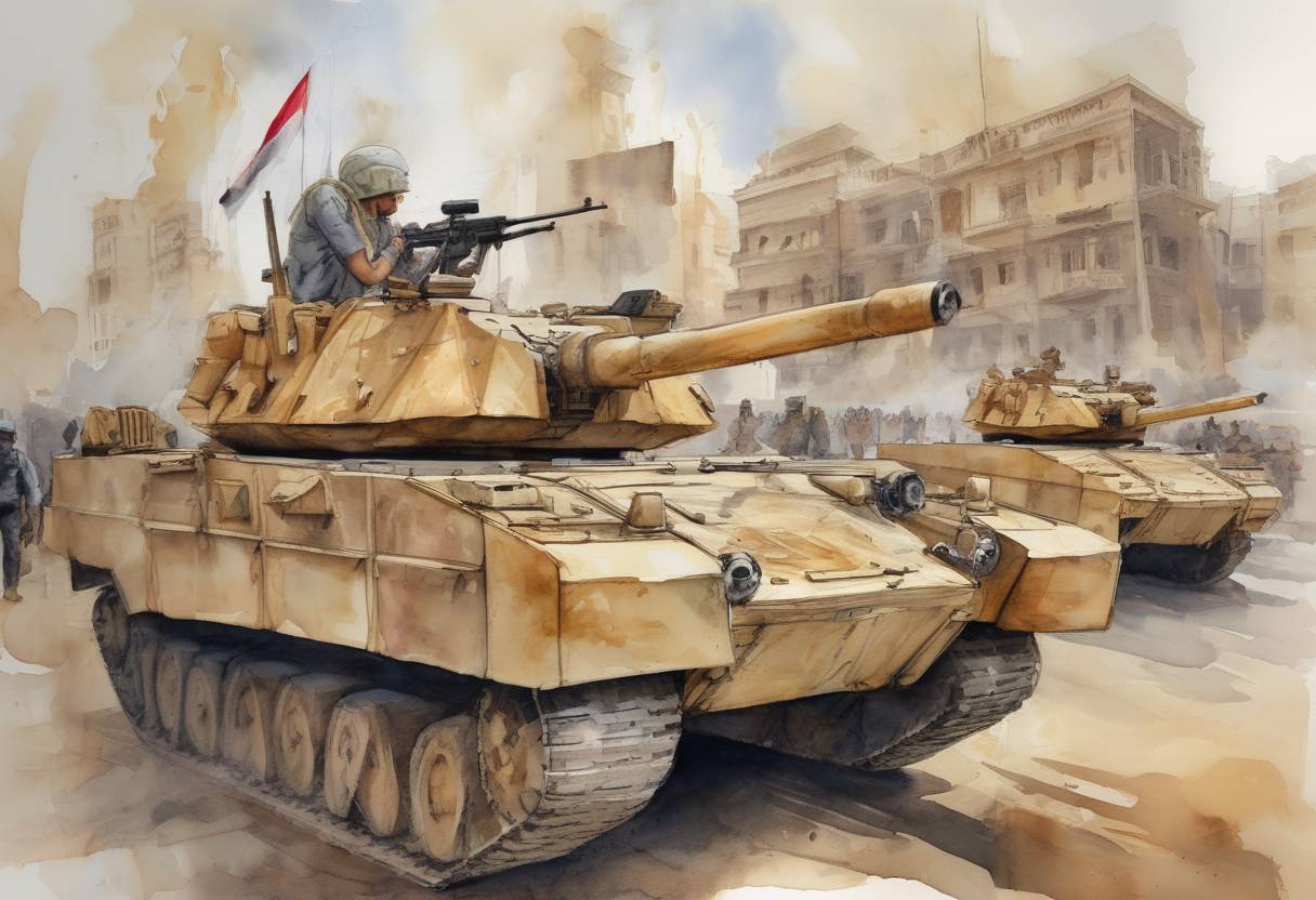 Watercolor painting based depiction of The Egyptian military declared a state of emergency following violent clashes between security forces and supporters of ousted President Mohamed Morsi. (2013)