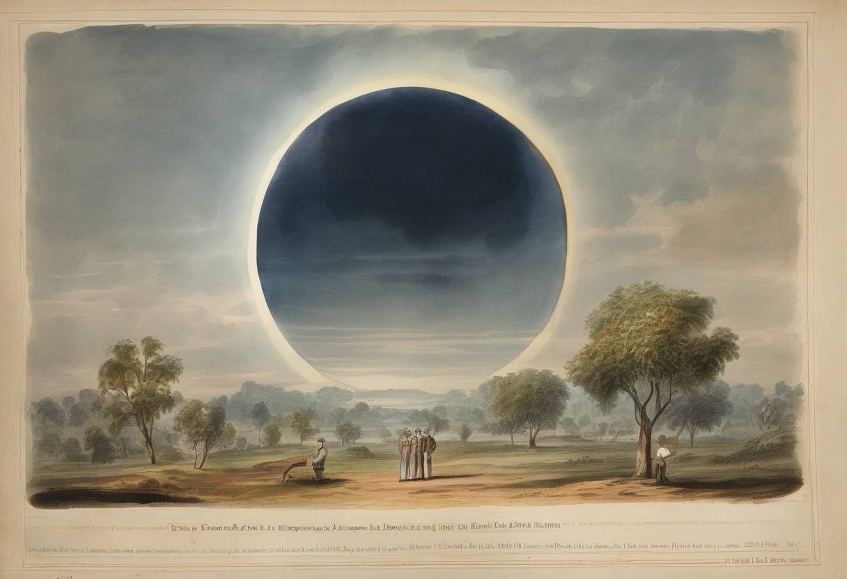 Watercolor painting based depiction of French astronomer Pierre Janssen discovered helium in the solar spectrum during a total solar eclipse in Guntur, India. (1868)
