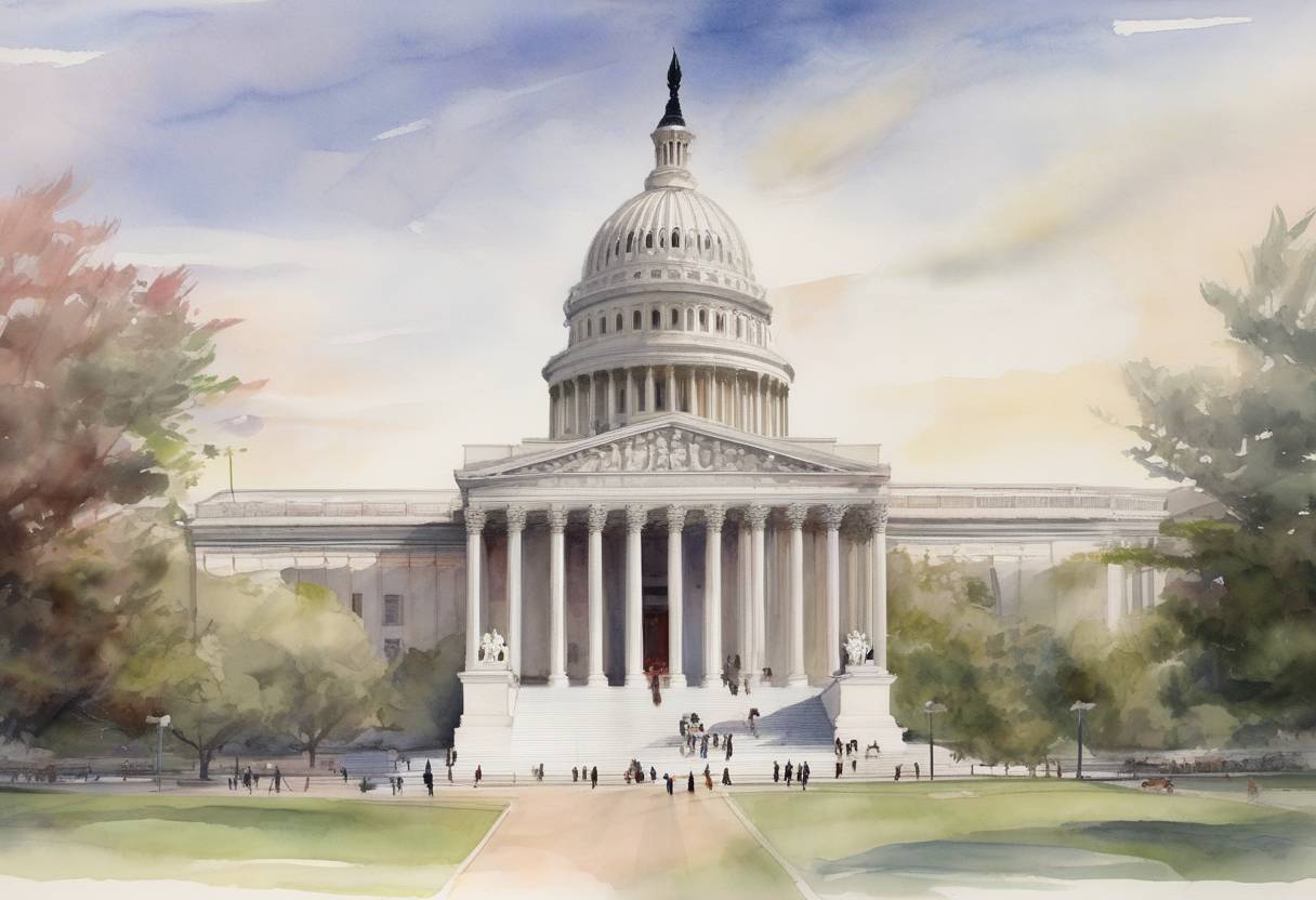 Watercolor painting based depiction of The United States Supreme Court upheld the Solomon Amendment, which allows the federal government to withhold funding from universities that ban military recruiters from their campuses. (2006)